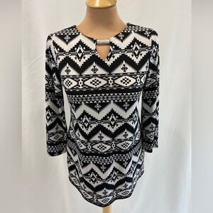 Sunny Leigh Petite Black & White‎ Tribal Print Blouse Top